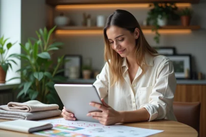 Femme étudie un plan d'intérieur dans un appartement lumineux