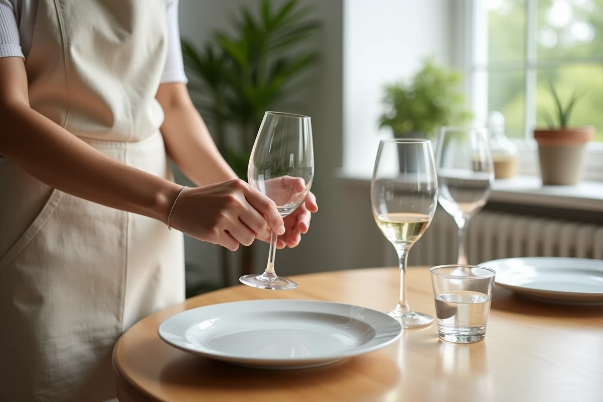 Femme plaçant un verre à vin sur une table ronde en bois avec verre à eau et flûte à champagne déjà positionnés, vue de près