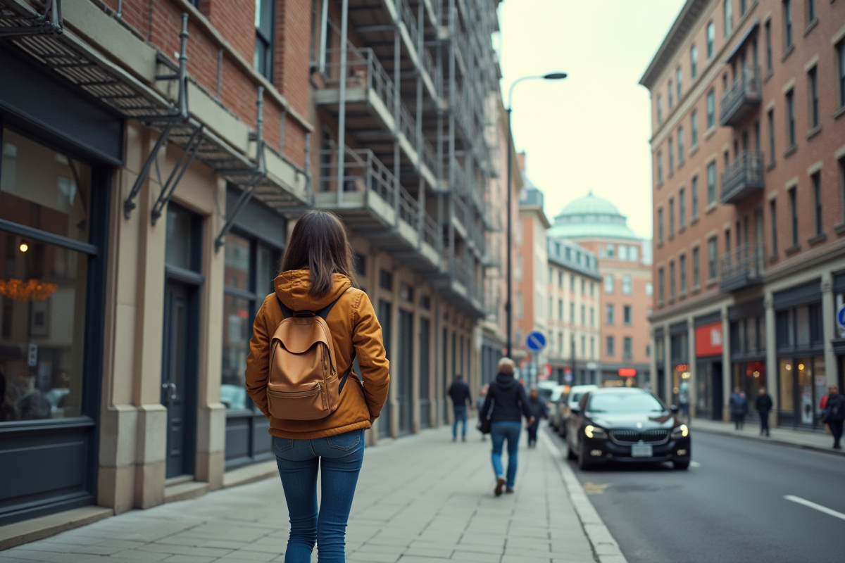 Jeune femme regardant le bâtiment en travaux avec scaffolding