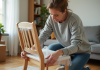 Emballer meubles bois pour déménagement : conseils pratiques et astuces efficaces Femme emballant un fauteuil en bois avec du film plastique