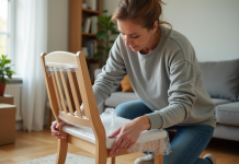 Femme emballant un fauteuil en bois avec du film plastique