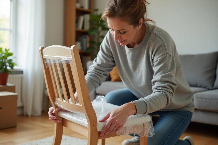 Femme emballant un fauteuil en bois avec du film plastique