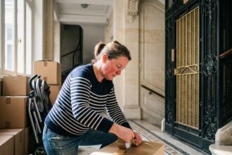 Femme en jeans tapant des cartons dans un couloir parisien