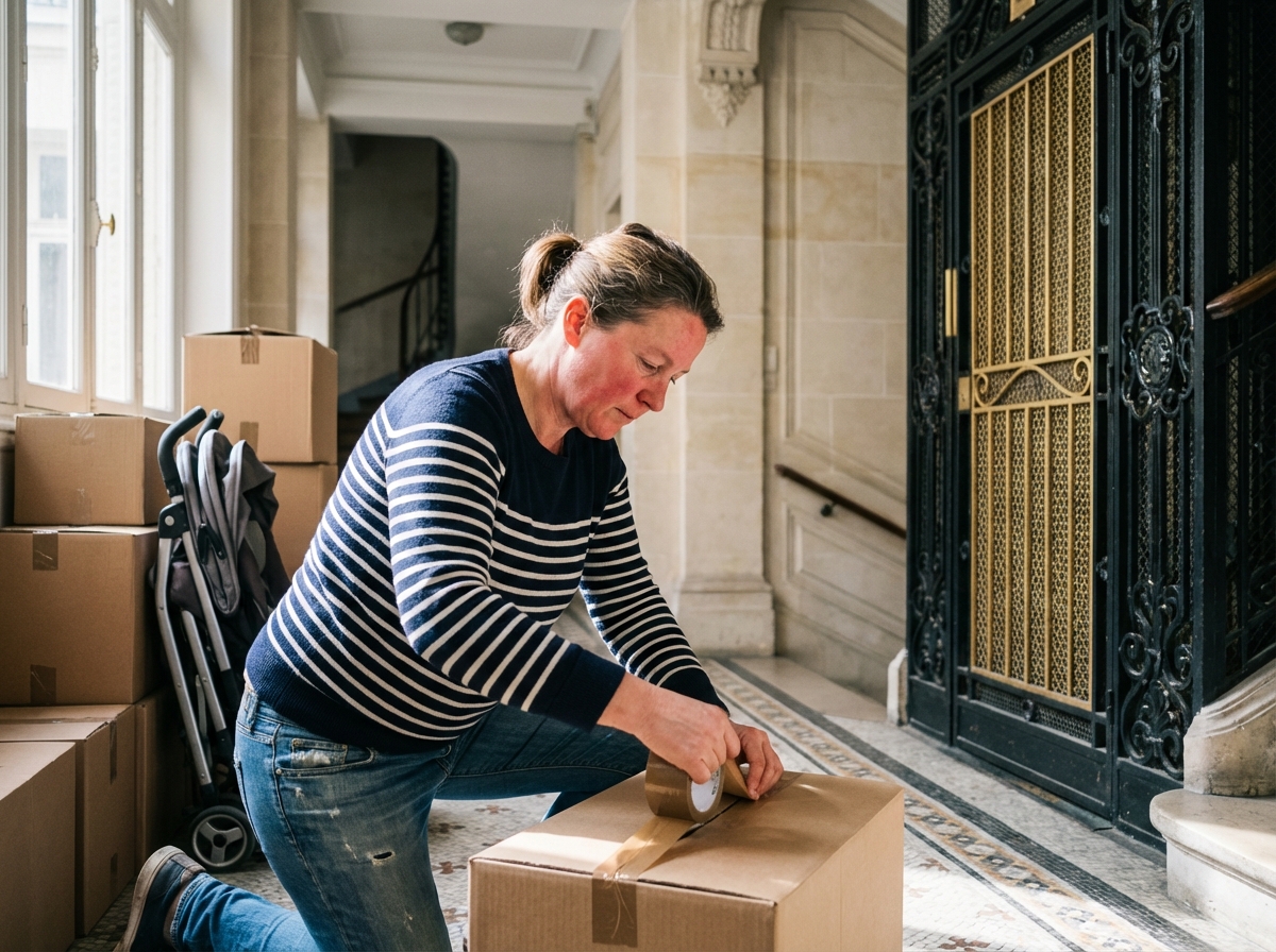 Femme en jeans tapant des cartons dans un couloir parisien