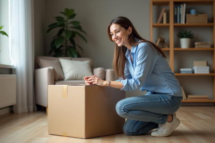 Femme emballant une box de déménagement dans un salon moderne