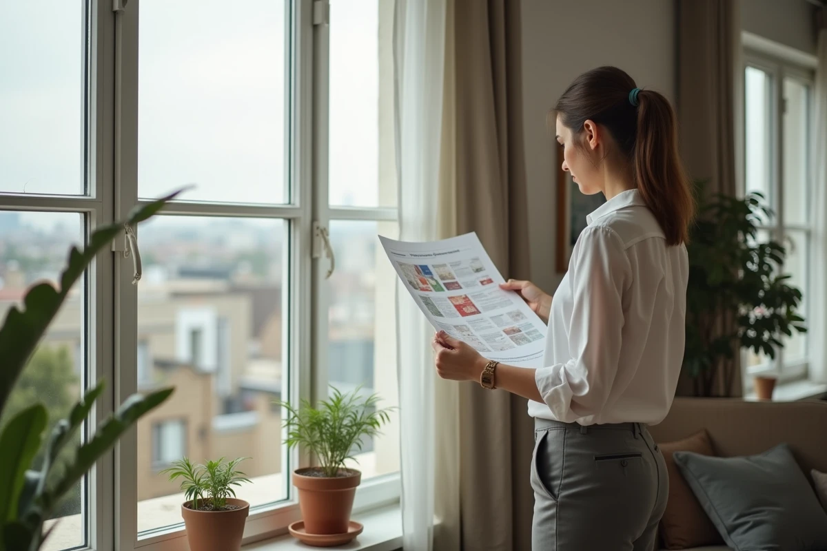 Jeune femme analysant des diagrammes énergétiques dans un salon lumineux