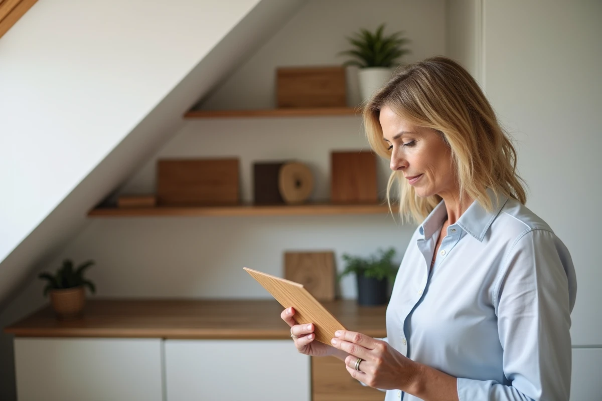 Femme examine echantillons de bois dans un bureau moderne