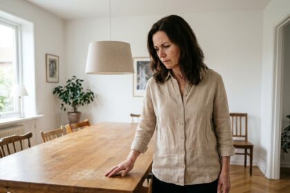 Femme examinant sa table de salle à manger en chêne avant de décider de la changer