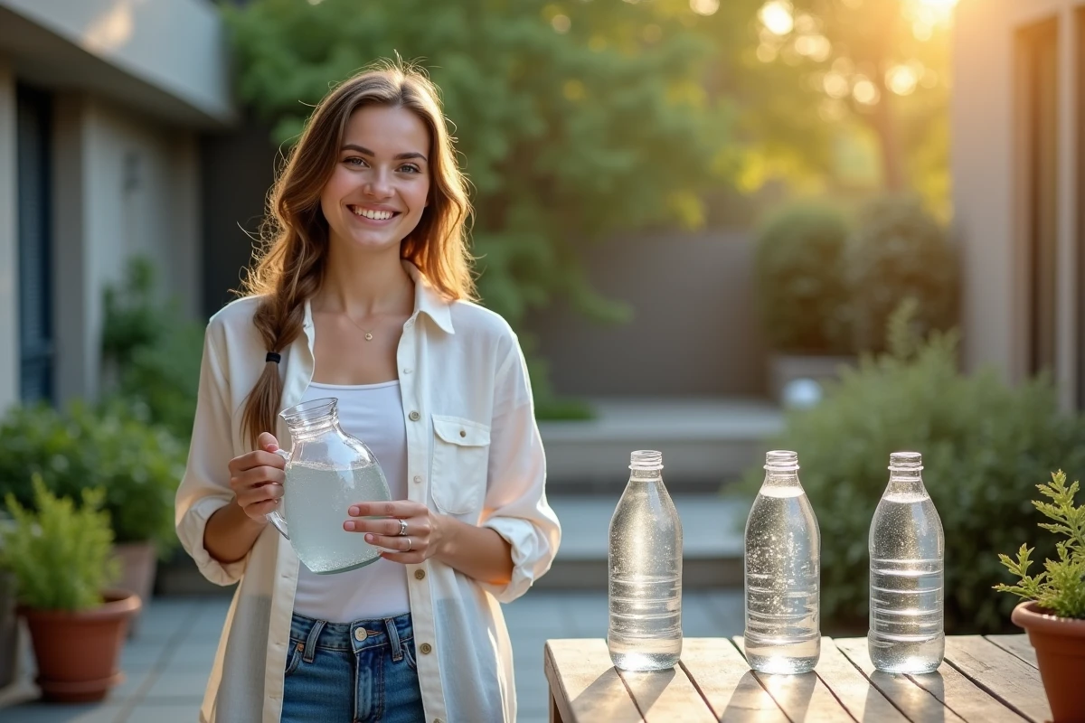 Jeune femme souriante avec bouteille d