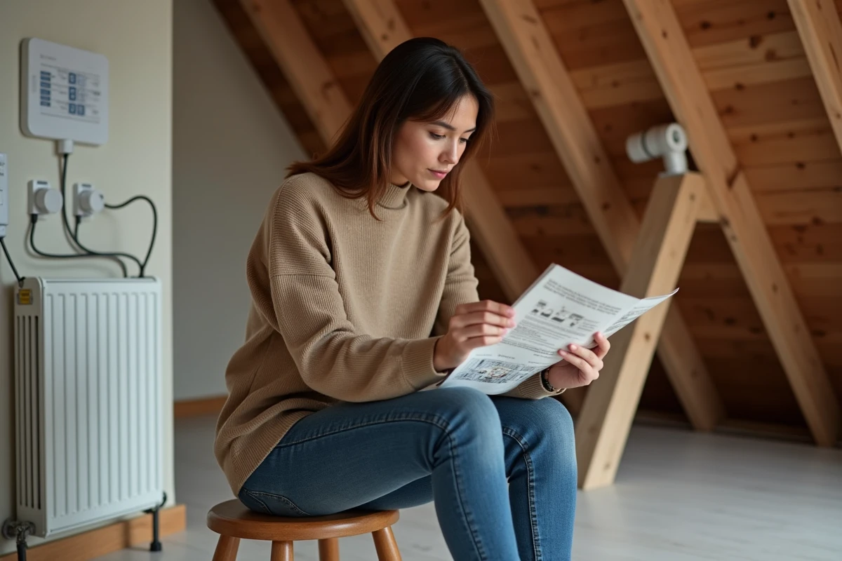 Femme vérifiant un adaptateur électrique dans un grenier