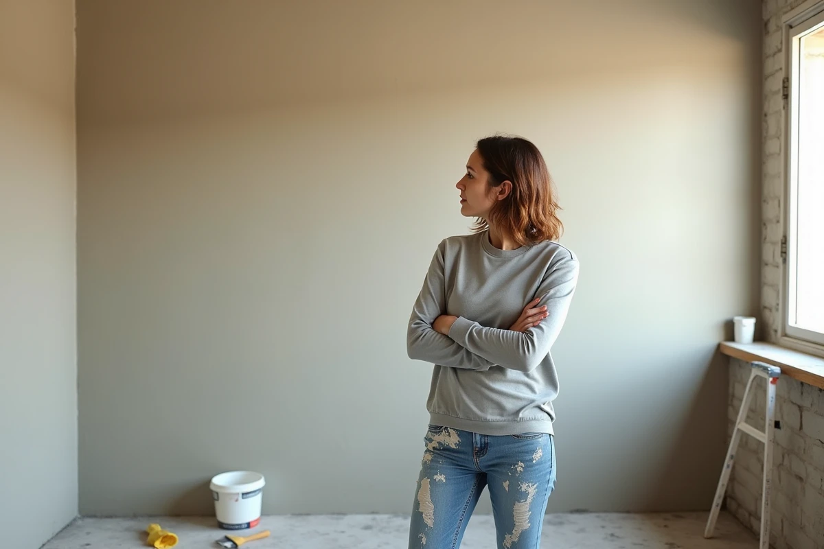 Femme inspectant le résultat d'un enduit appliqué sur un mur en parpaing dans une pièce de vie en rénovation