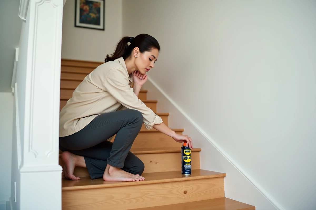 Femme inspectant une marche d'escalier qui grince avec un flacon de WD-40 posé à côté dans une maison moderne