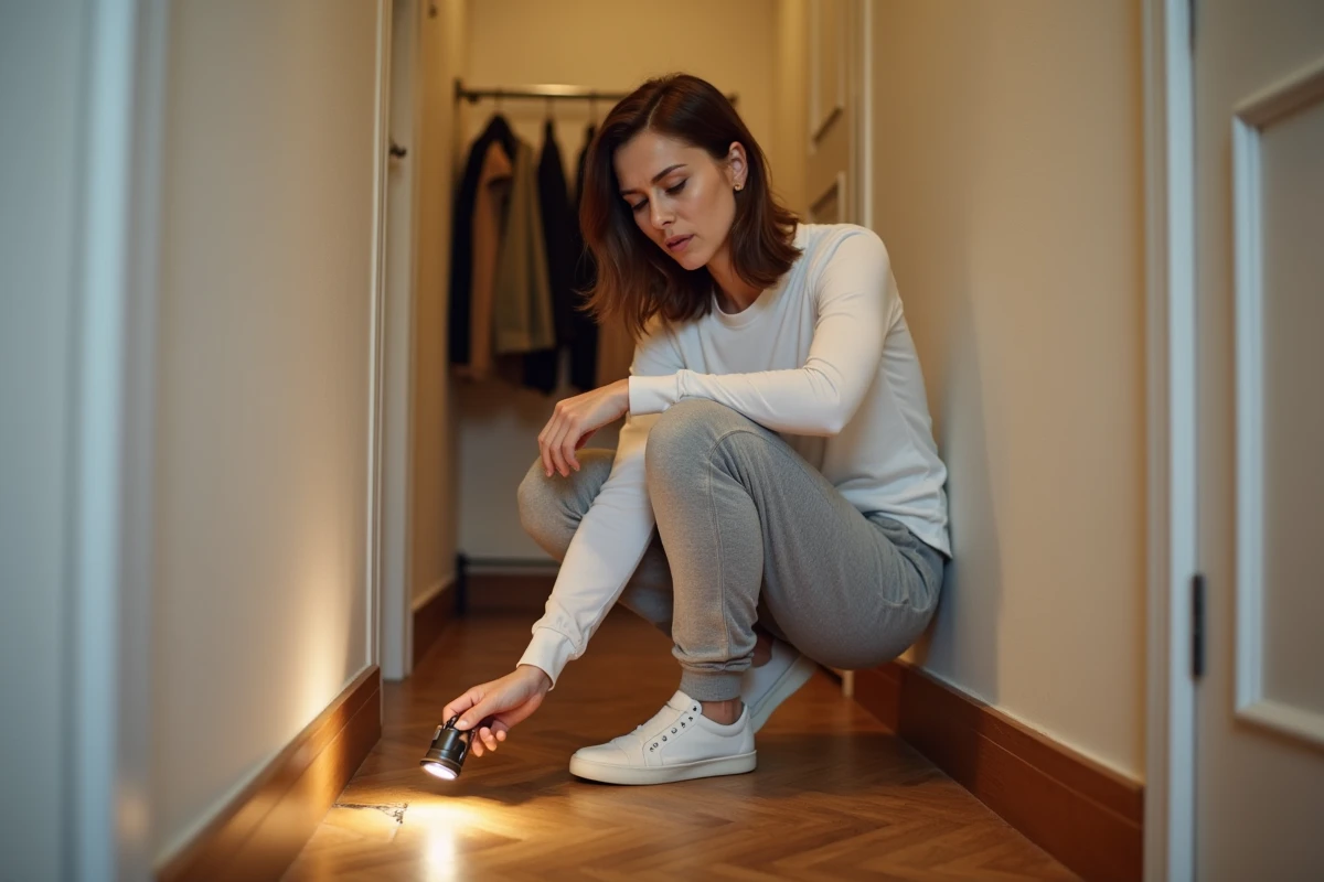 Femme inspectant une plinthe de couloir à la recherche de petites bêtes noires avec une lampe de poche