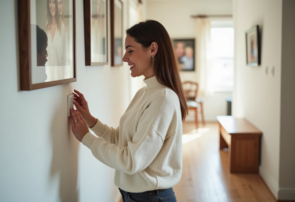 Femme installant un interrupteur intelligent dans le couloir