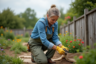 Femme en tenue de jardinage attachant du jute autour de petits arbustes
