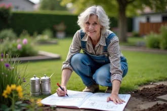 Femme en vêtements de jardinage esquissant un plan de jardin