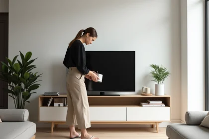 Jeune femme minimaliste arrangeant des livres dans un salon moderne