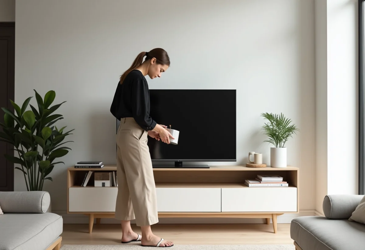 Jeune femme minimaliste arrangeant des livres dans un salon moderne