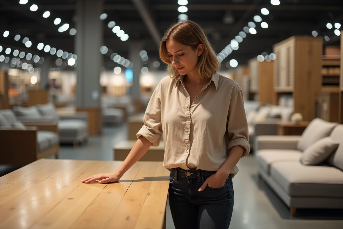 Femme examinant un meuble table en bois dans un grand magasin BUT, cherchant la meilleure affaire