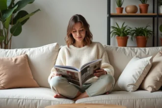 Femme parcourant un magazine de décoration intérieure sur mesure dans un salon au style scandinave épuré