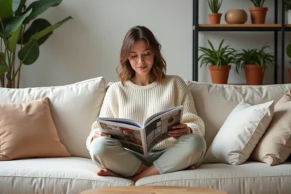 Femme parcourant un magazine de décoration intérieure sur mesure dans un salon au style scandinave épuré