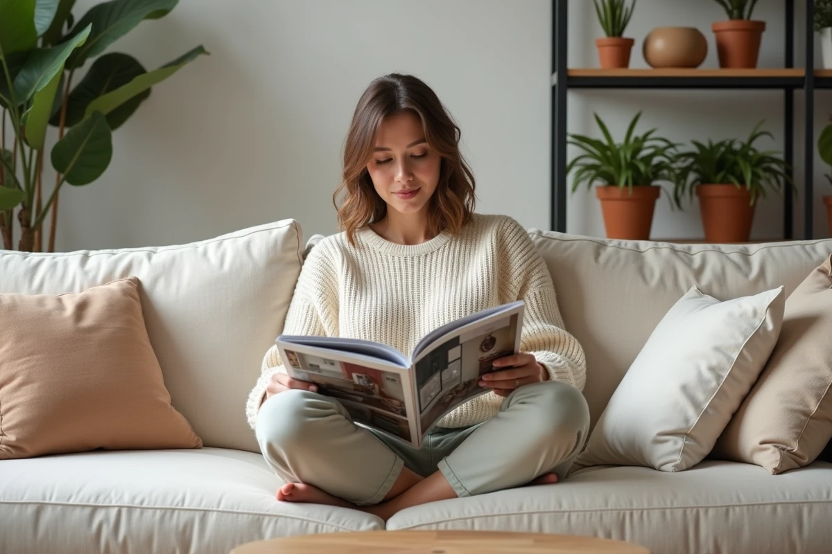 Femme parcourant un magazine de décoration intérieure sur mesure dans un salon au style scandinave épuré