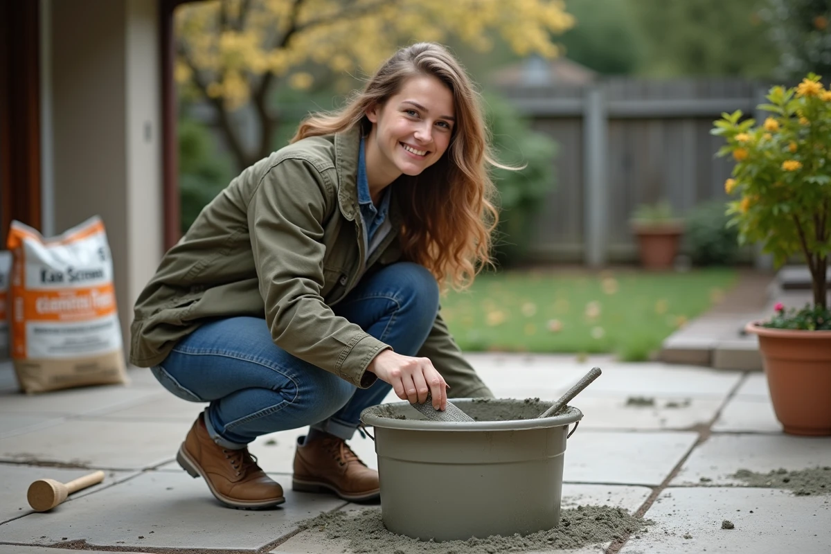 Jeune femme mélangeant ciment sur un patio extérieur