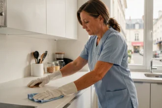 Femme de ménage professionnelle en uniforme bleu nettoyant un plan de travail dans un appartement moderne à Nantes