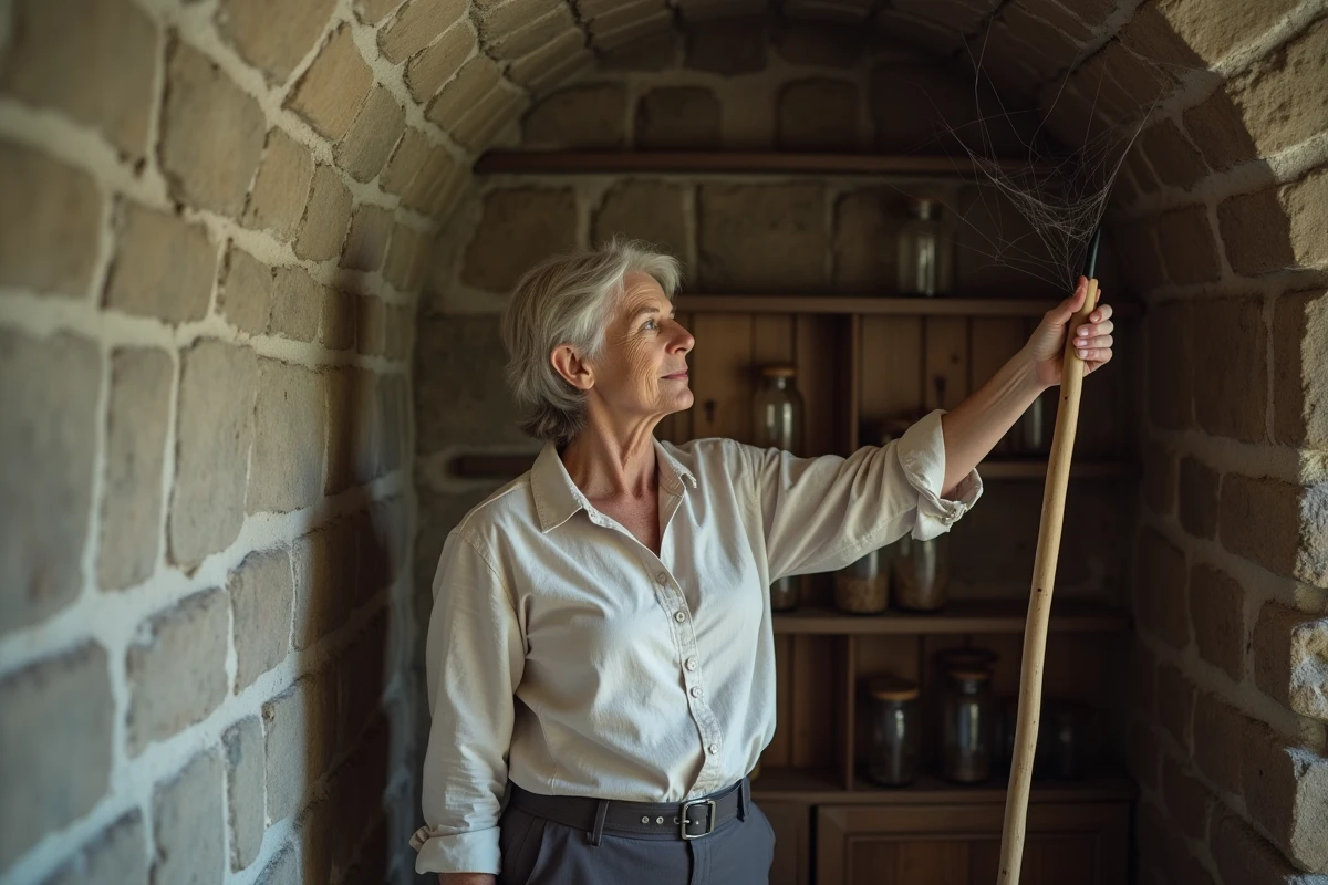 Femme utilisant un balai pour retirer une toile d'araignée dans une cave en pierre d'une maison française