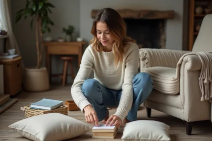 Femme arrangeant livres et coussins dans un salon chaleureux