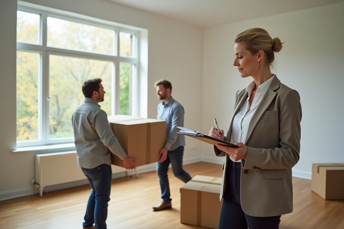 Femme en intérieur vérifiant la liste avec déménageurs en arrière