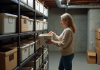 Ranger un sous-sol non fini : astuces de rangement efficaces Femme organisant des boîtes dans un sous-sol brut