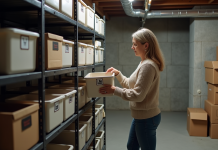 Femme organisant des boîtes dans un sous-sol brut