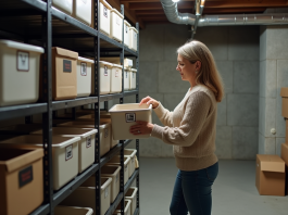Ranger un sous-sol non fini : astuces de rangement efficaces Femme organisant des boîtes dans un sous-sol brut