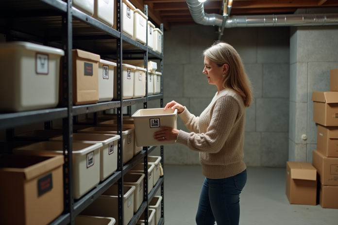 Femme organisant des boîtes dans un sous-sol brut