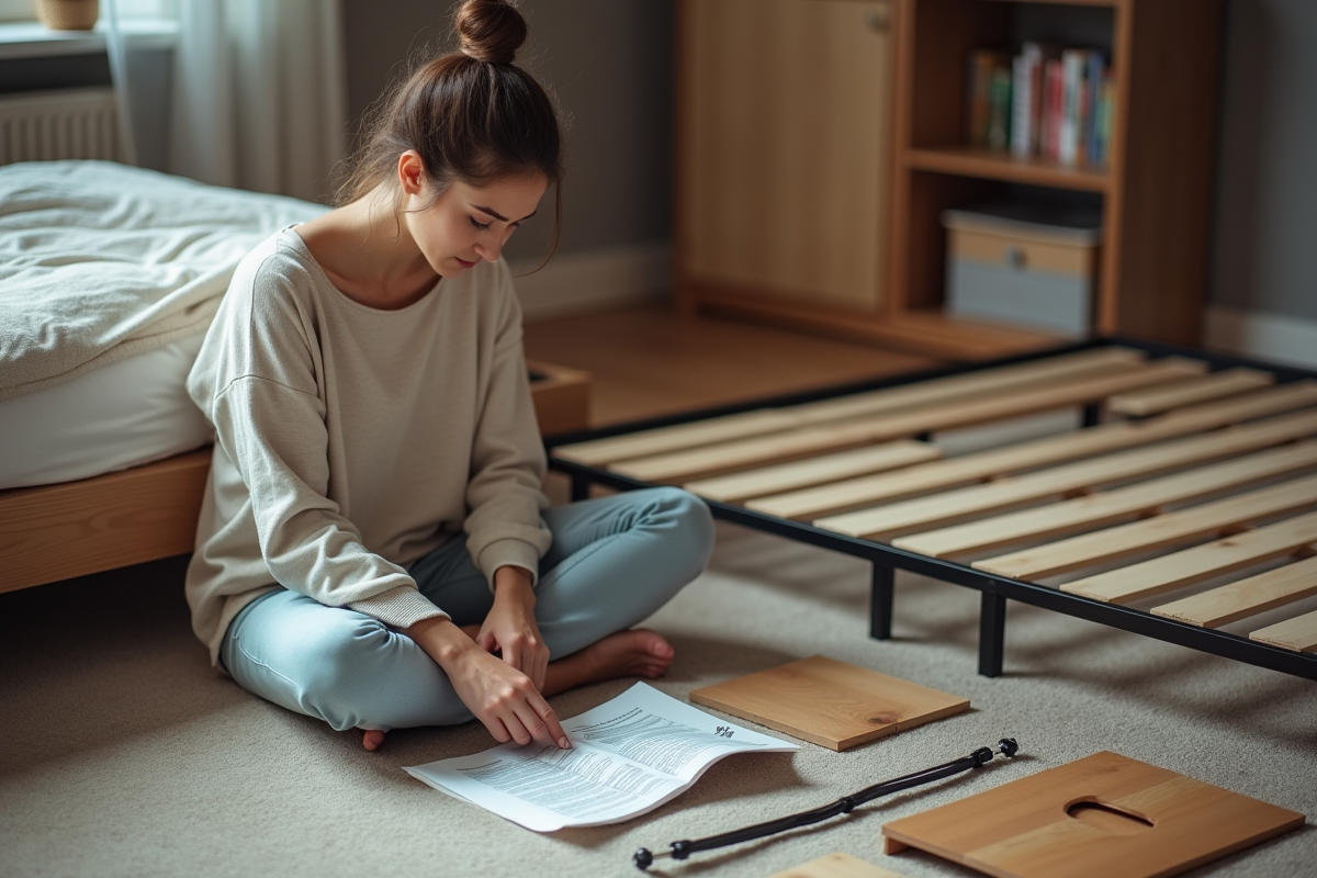 Jeune femme organise des pièces de lit dans une chambre moderne