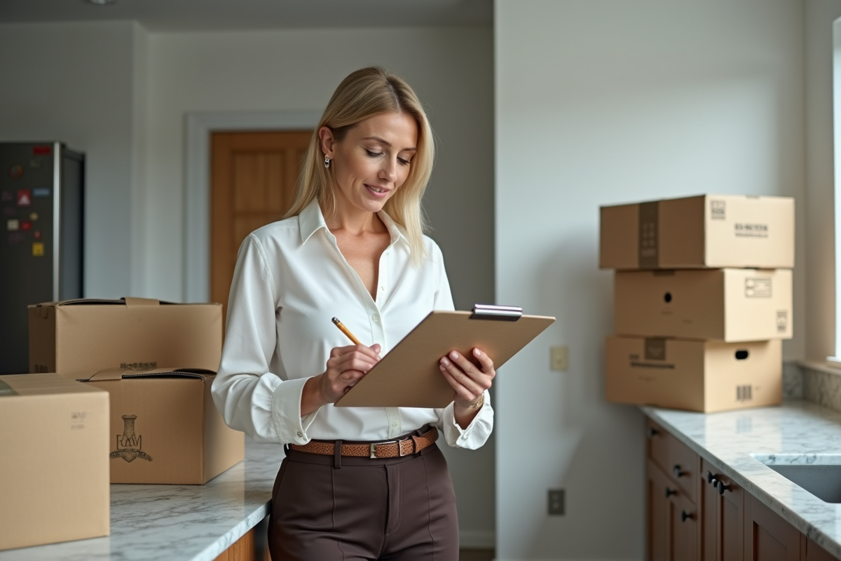 Femme remplissant un clipboard dans une cuisine moderne