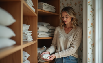 Comment éradiquer les mites volantes avec des solutions durables ? Femme organisant un placard avec sachets de cèdre
