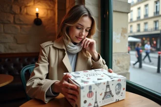 Jeune femme parisienne découvre un coffret élégant dans un café