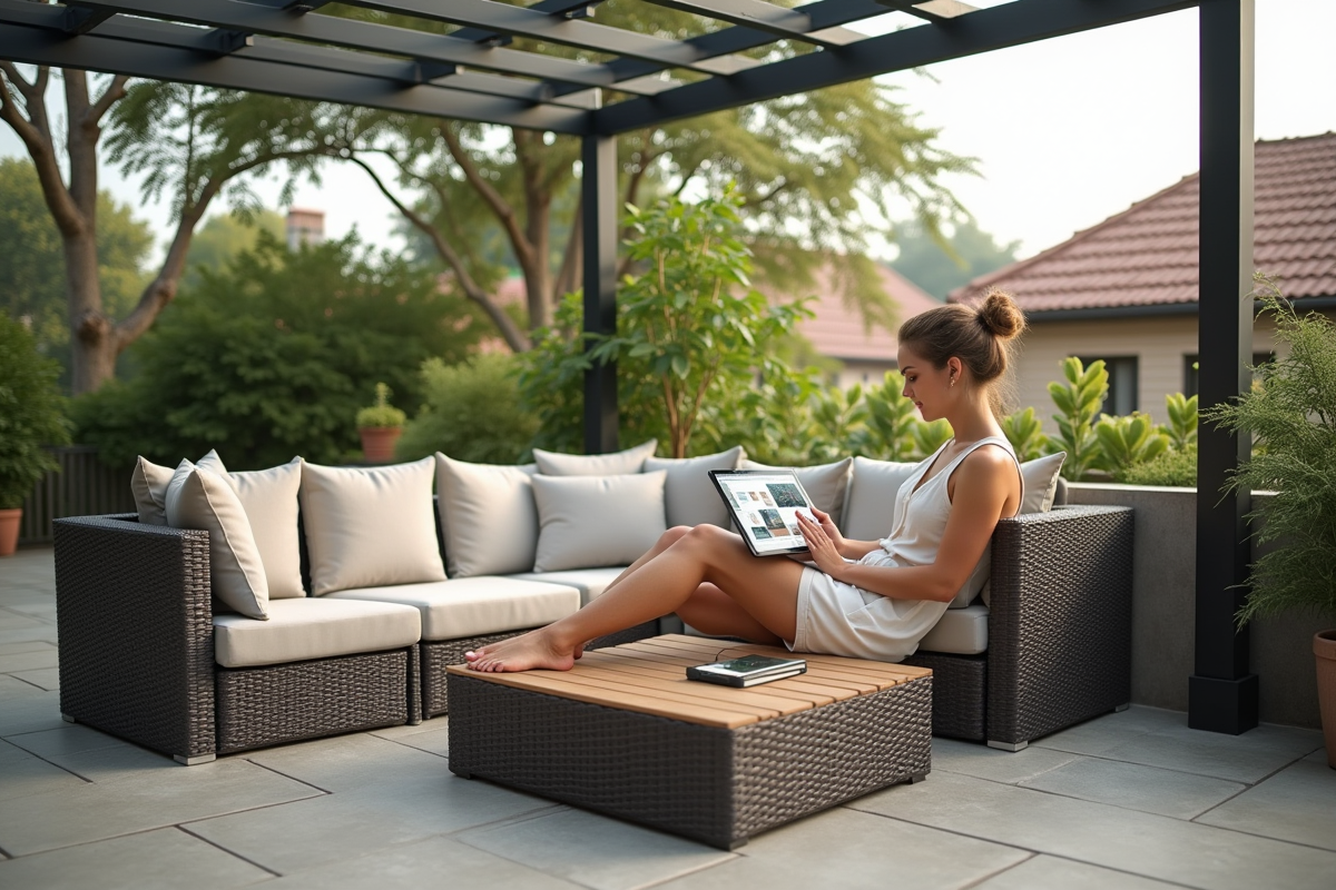 Jeune femme assise sur canapé sous pergola en ville