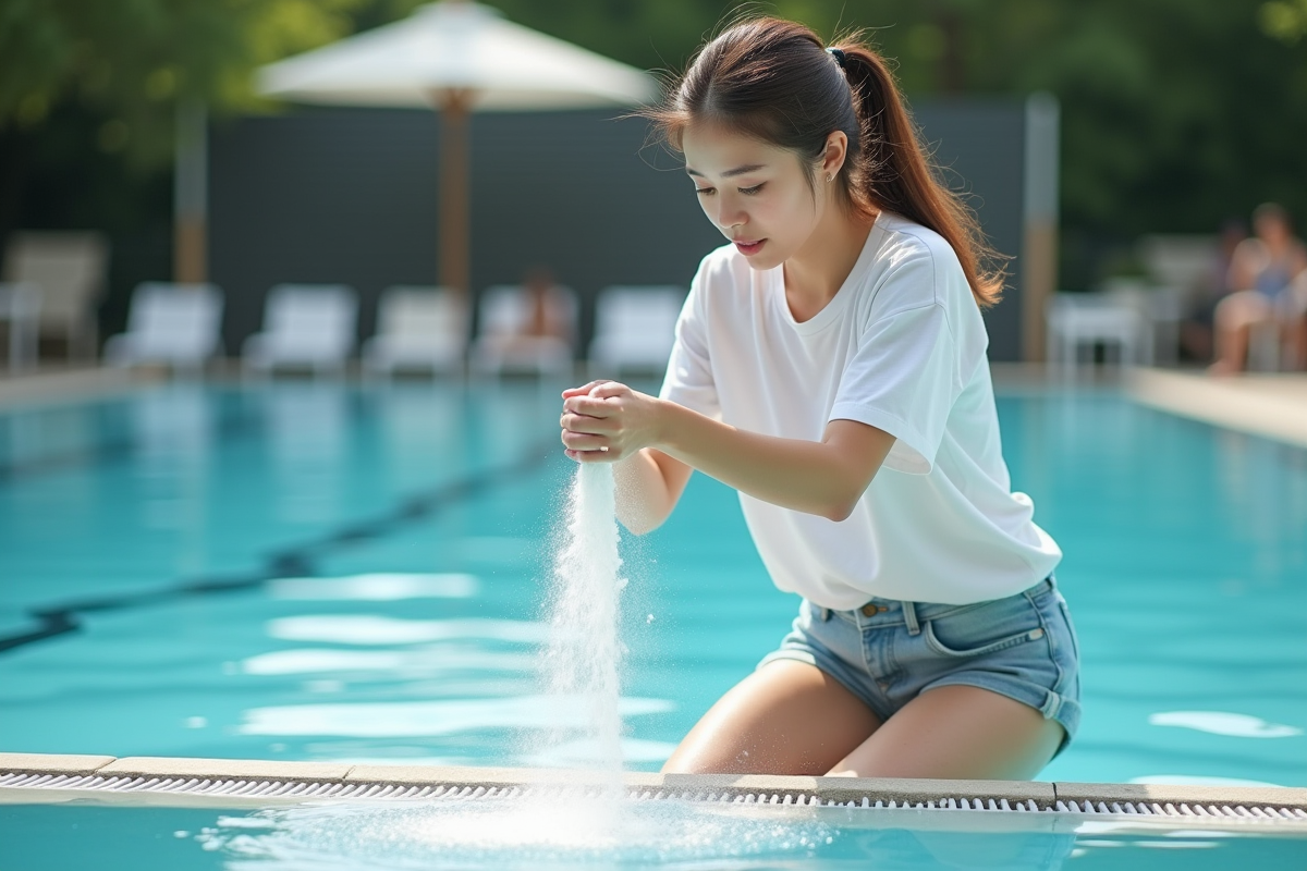 Jeune femme versant un floculant dans la piscine