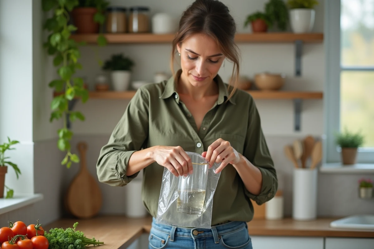 Femme préparant un piège à moucherons économique avec du film plastique et un verre dans sa cuisine