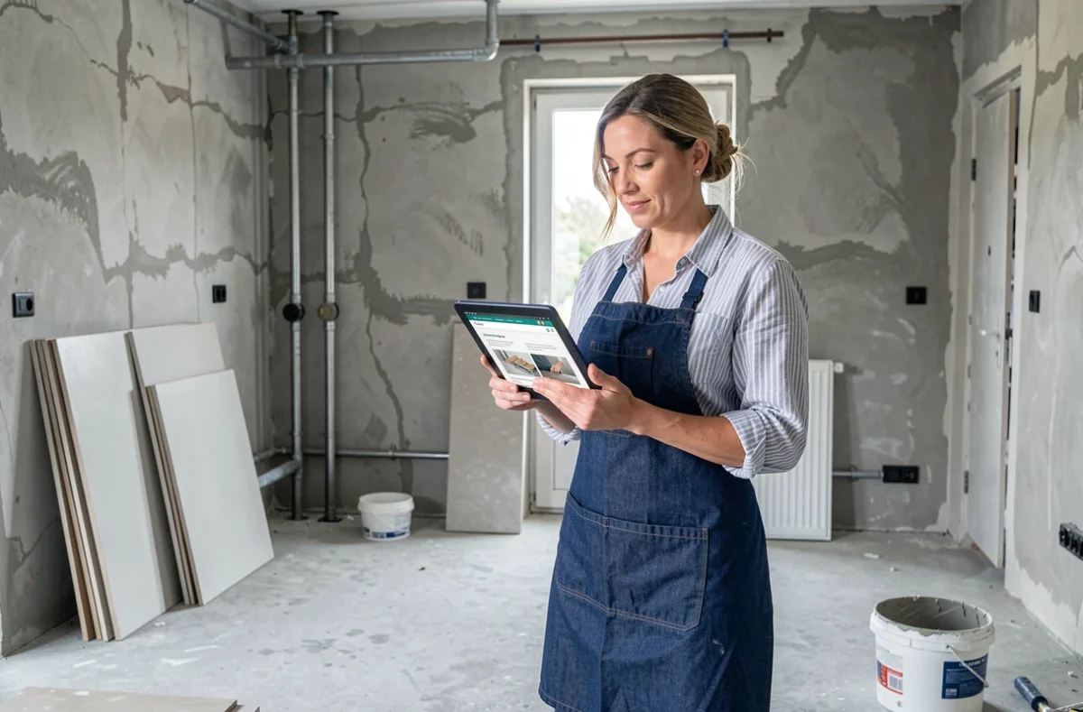 Femme consultant artisanat-faq.fr sur une tablette dans une cuisine en cours de rénovation