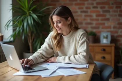 Femme examine des devis de renovation sur son ordinateur dans un appartement cosy