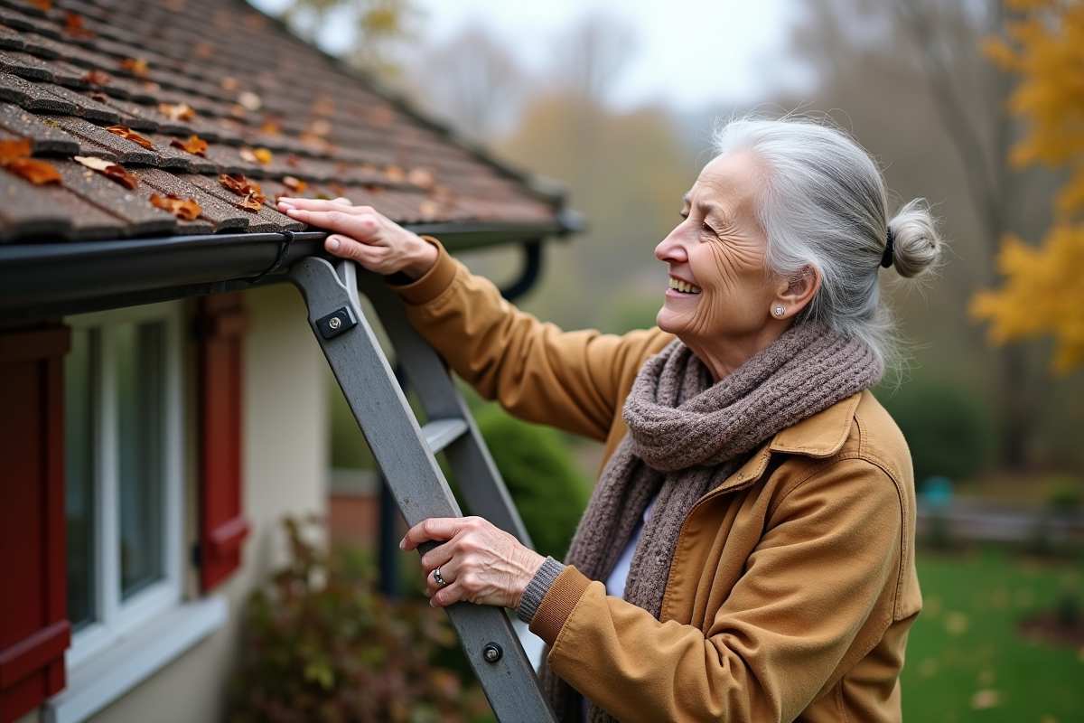 Femme âgée touchant des tuiles propres sur le toit