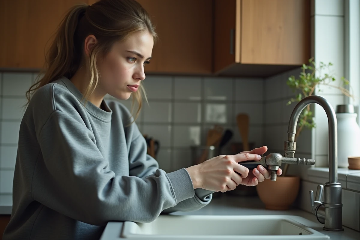 Jeune femme réparant un vieux robinet de cuisine avec des pinces