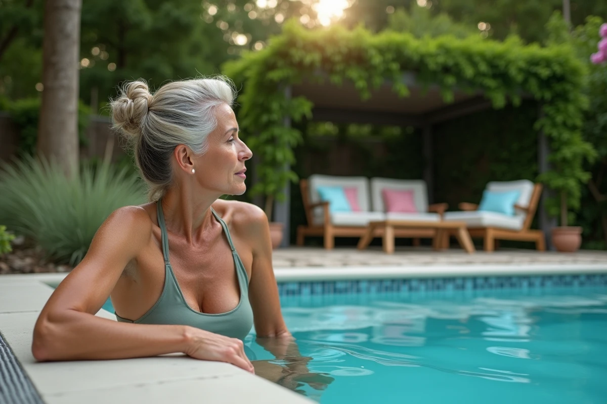 Femme relaxant dans une piscine avec jardin en arrière-plan