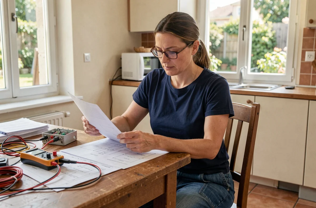 Femme étudiant les schémas électriques pour monter son propre panneau solaire à domicile