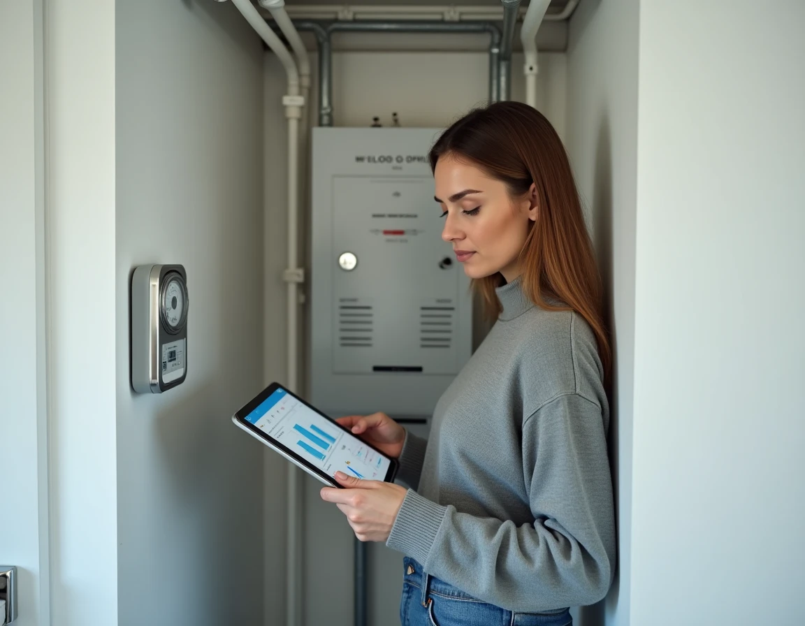 Femme consultant les données d'un sous-compteur intelligent via une application sur tablette dans un appartement