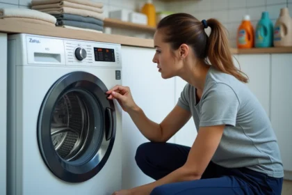 Femme examinant les symboles de cycle sur le panneau de commande d'un lave-linge moderne